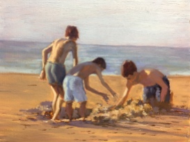 4 Construyendo un castillo - Serie niños en la playa, óleo sobre lienzo, 22x27